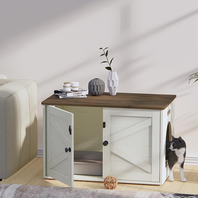 Timberer Cat Litter Box Enclosure, Litter Box Furniture Hidden with Removable Divider, Wooden Cat Washroom Furniture, Indoor Cat House, Rustic Brown and White