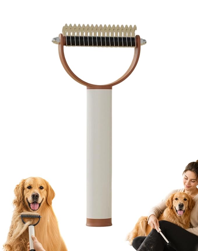 2 in 1 Pet Dematting Comb & Integrated Lint Roller, Stainless Steel Undercoat Rake for Dogs & Cats, Painless Tangle & Mat Remover, Extra Wide Grooming Tool for Long-Haired Breeds (Brown)