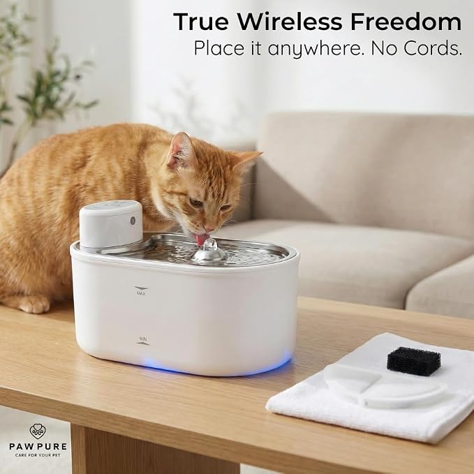Wireless Cat Water Fountain Starter Kit | Fountain + 4 Replacement Filters | 3L/108oz, 30-Day Battery, Stainless Steel Tray - BPA-Free