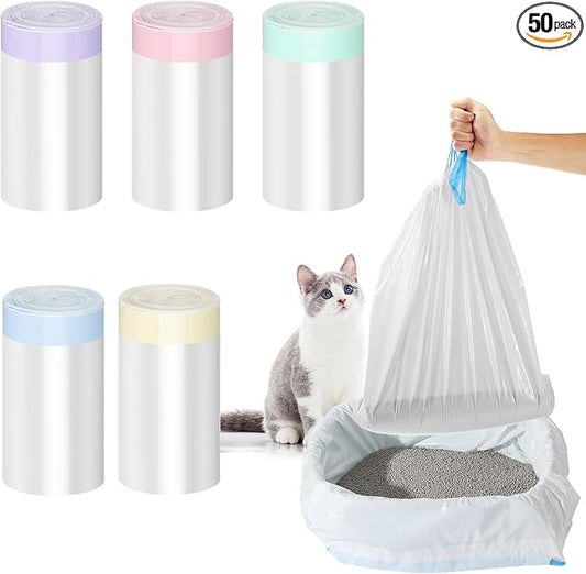 Tinlade 50 Count Jumbo Cat Litter Box Liners Large Drawstring Cat Litter Liners Bags Unscented Tear Resistant for Trash Waste to Keep Your Home Clean(39 x 22 Inch,White, Multicolor)
