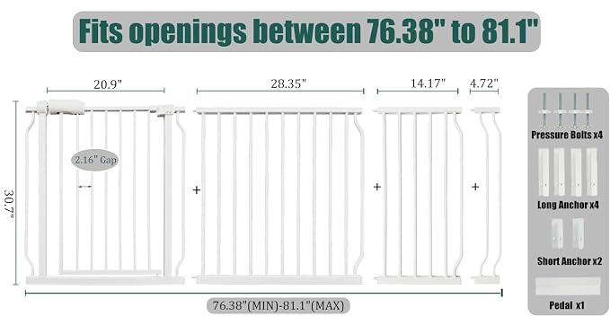 Extra Wide Baby Gate 76.3-81" Dog Gate for Doorways, Pressure Mounted No Drill Safety Gate for Kitchen, Hallways, White Metal Pet Gate for Dogs