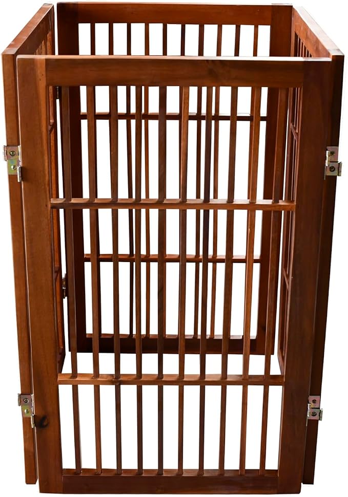 Urnporium Pet Dog Gate Freestanding, Strong Durable Folding Wooden Fence, Portable Acacia Hardwood Safety Barrier for Indoor & Outdoor Use (Brown Pet Gate, 4 Panel 30" Tall)
