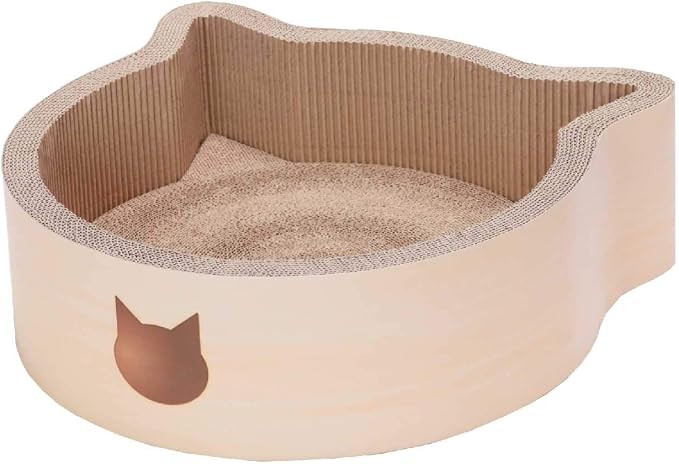 Necoichi Cat-Headed Scratcher Bed (Birch, Large) | Cardboard Cat Scratcher Bowls for Indoor Cats - Cat Scratching Board, Cat Scratch Pad Lounger with Reversible Usability and Extra Comfort for Lounge