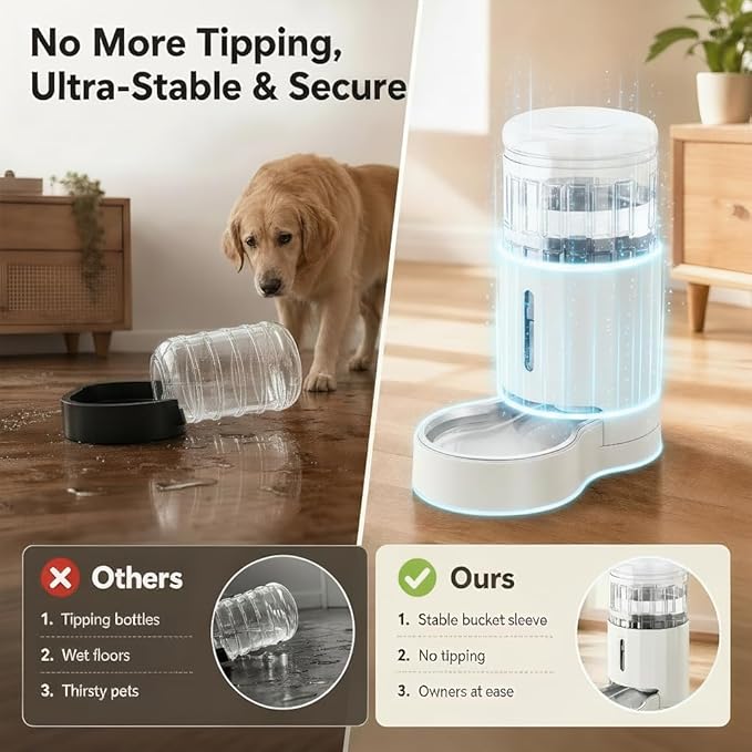 CZPET Dog Water Bowl Dispenser 7L, Wider Mouth & Upgraded Brush for Easy Cleaning Automatic Cat Gravity Refilling Waterer with Removable Stainless Steel Bowl, Large Drinking Area for Multi-Pet (White)