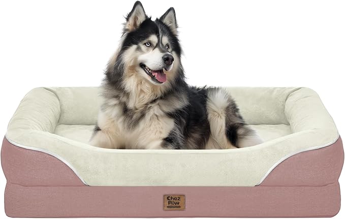 Chez Paw XXL Orthopedic Dog Bed for Extra Large Dogs, Extra Thick Egg-Crate Foam Waterproof Pet Couch with Removable Washable Cover, 4-Sided Bolster & Non-Slip Bottom, Pink 45"x35"x7.5"
