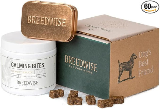 Dog Calming Treats, All Natural Holistic Dog Anxiety Relief Bites, Hickory Bacon Flavor, Stress Reducing, 210g (60 Chews, Hickory Bacon) (60 Chews with Premium Metal Tin)