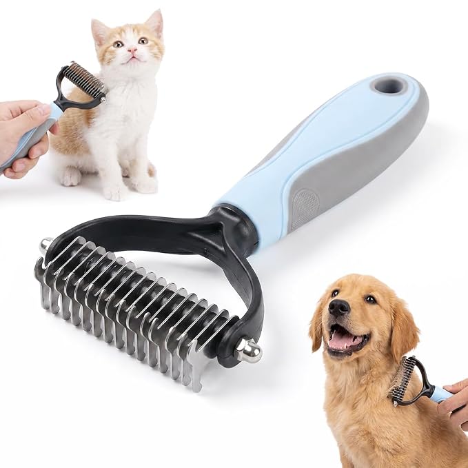 Double Sided Pet Grooming Brush, 2026 New Hurtless Shedding Dematting Undercoat Rake for Dogs and Cats, Upgrade Matt Remover Detangler for Long Thick Haired Pets (Blue, Small)