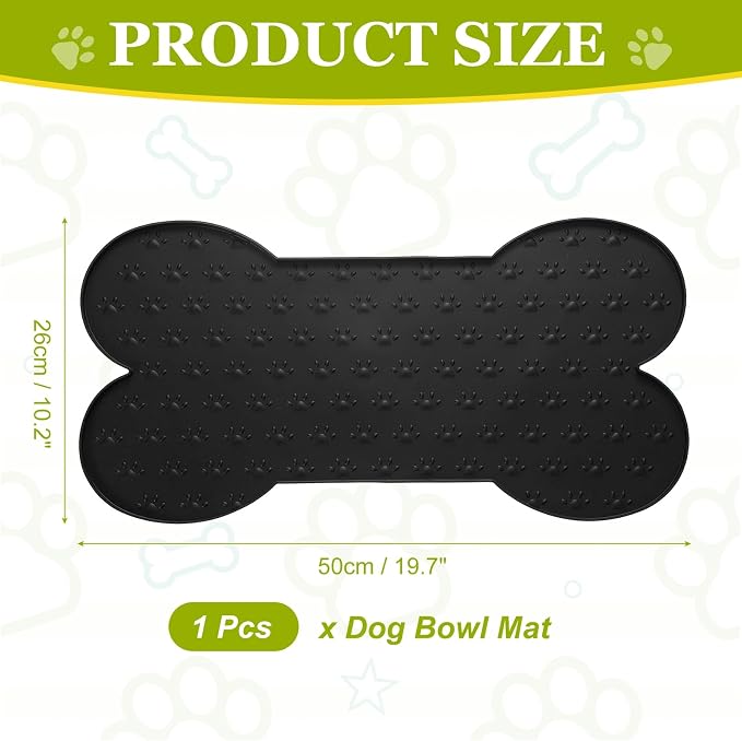 Dog Food Mat, 20x10 Inch Silicone Pet Feeding Mat Non-Slip Bone Shaped Waterproof Dog Water Bowl Tray Raised Edge Protects Floors (Black), Intended for Pets Bowl/Fountain