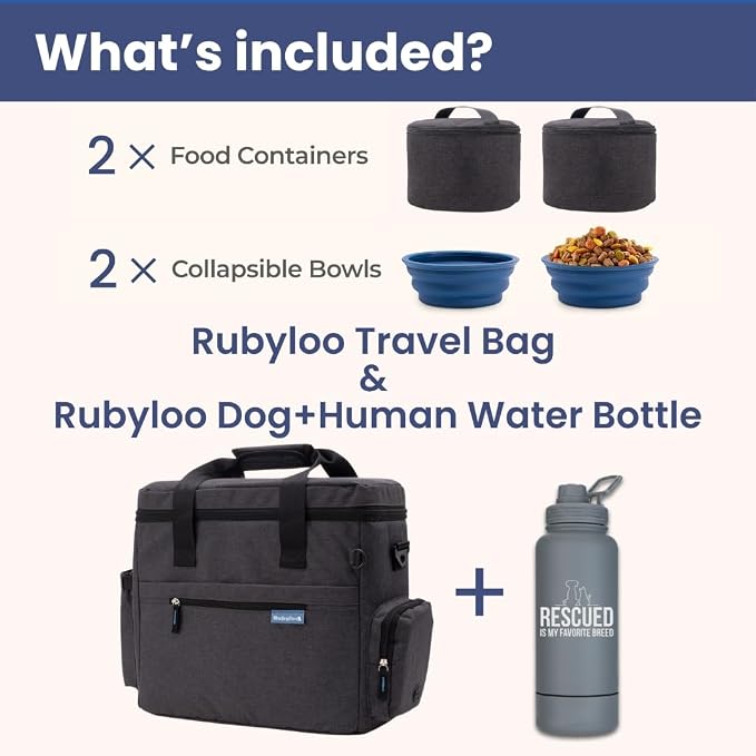 Rubyloo Original Doggy Bag (Charcoal) & 32oz Insulated Water Bottle with Attached 8oz Bowl (Rescued is My Favorite Breed) – Dog Travel Bag & Hydration Set