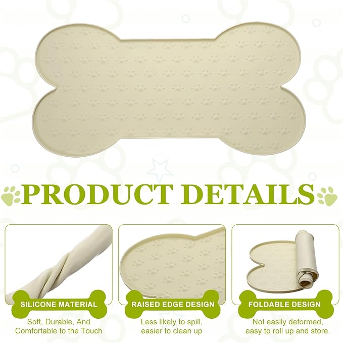 Dog Food Mat, 26x13 Inch Silicone Pet Feeding Mat Non-Slip Bone Shaped Waterproof Dog Water Bowl Tray Raised Edge Protects Floors (Apricot), Intended for Pets Bowl/Fountain
