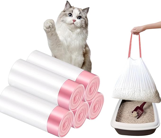 50 Counts Cat Litter Box Liners, 38" x 17" Drawstring Bags for Kitty Litter Pan Receptacles, One Step Cleaning, Heavy Duty, Extra Thick & Tear Resistant (Large Size / 50 Counts)