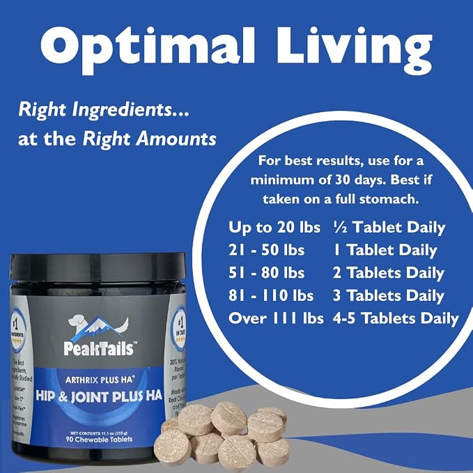 KALA HEALTH PeakTails Hip & Joint Plus HA for Dogs – 90 Tablets, Glucosamine, Chondroitin, OptiMSM, Vitamin C & Hyaluronic Acid – Supports Joint Mobility & Comfort