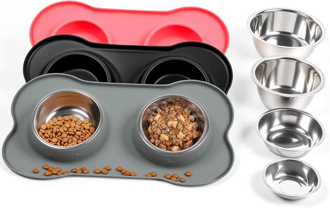 Conlun Dog Bowls with Silicone Feeding Mat,No Spill Food Water Dish Set,Dishwasher Safe,2 Stainless Steel Puppy Bowls with Dogs Bandanas,Suitable for Tiny Pets Under 8lbs,Extra Small,Grey