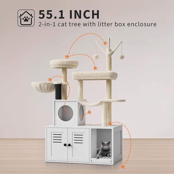 GAOMON Litter Box Enclosure with Cat Tree Tower 2-in-1 Modern Hidden Pet Washroom Furniture with Condo Hammock Scratching Posts and Multiple Soft Perches