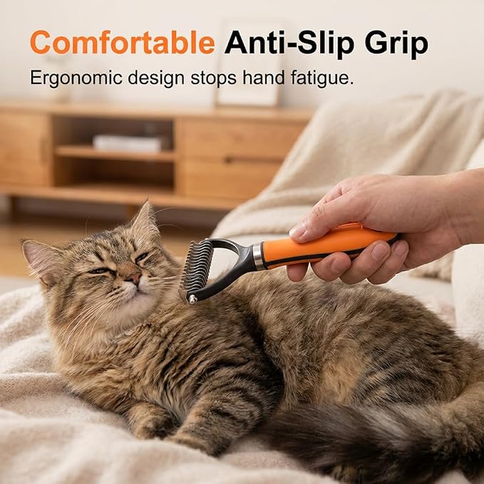 Double-Sided Pet Grooming Brush, 2026 New Undercoat Rake for Long Haired Pets, Durable Dematting Tool for long haired cats, Easy Grip Fur Remover Comb for home use (1, Orange)