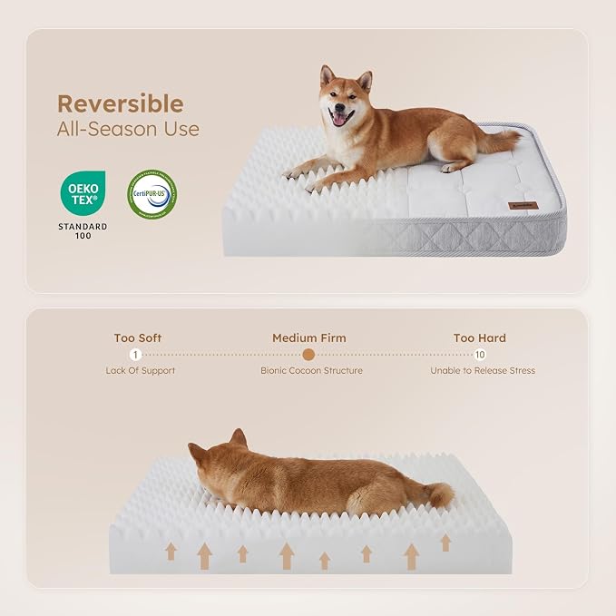 ZOMISIA Reversible Warm & Cooling Dog Bed for All Season Q-Max 0.5, Orthopedic Dog Bed Matrress for Large Dogs, 3" Thick Egg Crate Foam Pet Bed with Detachable Non-Slip Bottom, Waterproof Cover