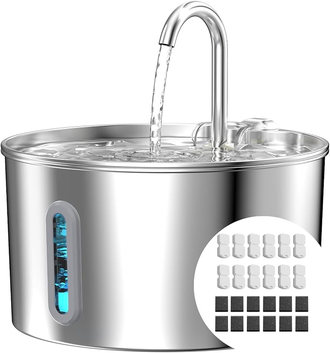 Cat Water Fountain Stainless Steel with 12 Set Cat Water Fountain Filters - 12 Carbon Filters & 12 Foam Filters