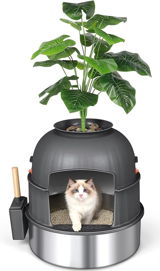 Three-Section Hidden Cat Litter Box, Stainless Steel Litter Box, Cat Litter Box Hidden with Faux Plant & Scoop, Vented Filter for Odor Control, Hidden Litter Box Furniture, Home Decor (Grey)