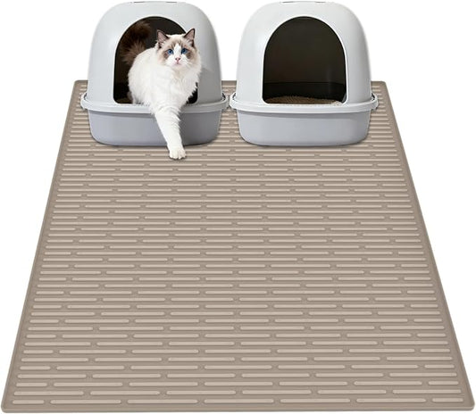 XXL Extra Large Silicone Cat Litter Trapping Mat for Scatter Control, 40"x30"(100cmx75cm) Waterproof Kitty Litter Box mat for Floor, Soft on Kitty Paws, Easy to Clean, Light Brown