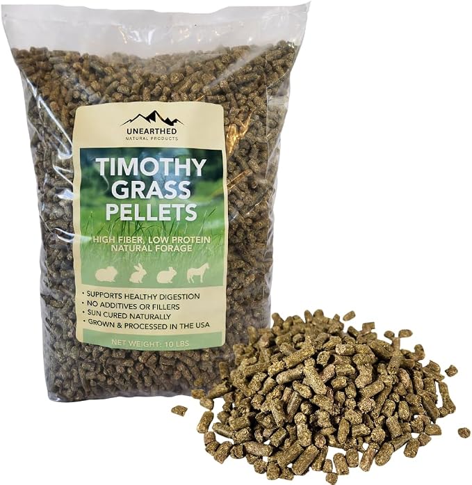 Unearthed Timothy Grass Pellets – 10 lb Bag | 100% Pure Sun‑Cured Forage, No Additives or Fillers | High Fiber, Low Protein Feed for Rabbits, Guinea Pigs, Horses & More | USA Grown