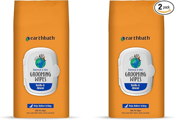 earthbath, Oatmeal & Aloe Grooming Wipes - Dog Wipes for Paws and Butt, Pet Wipes for Dogs & Cats, Helps Relieve Itchy & Dry Skin, Made in USA, Cruelty-Free - Vanilla & Almond 100 Count (2 Pack)