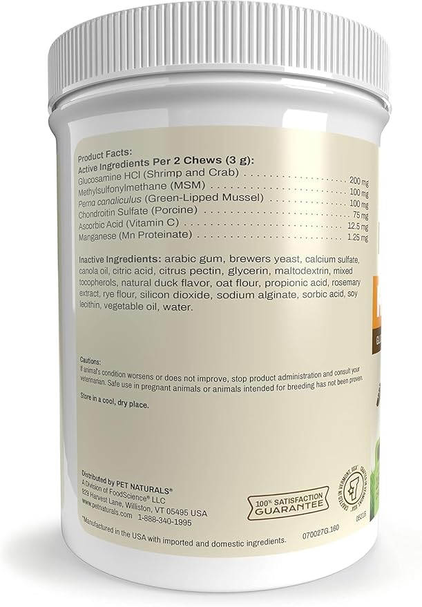Pet Naturals Hip and Joint Supplement with Glucosamine, Green-Lipped Mussel, and Chondroitin for Dogs and Cats, Duck Flavor, 160 Chews