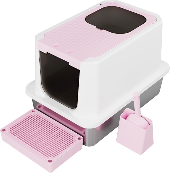 RIZZARI Large Enclosed Stainless Steel Cat Litter Box – Top & Front Entry, High-Sided Anti-Tracking Non-Stick Pan with Odor Control for Bedrooms, Living Rooms & Indoor Spaces