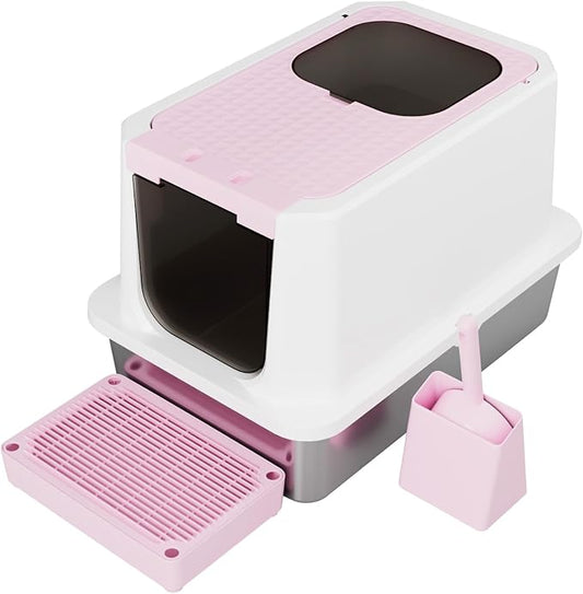 RIZZARI Large Enclosed Stainless Steel Cat Litter Box – Top & Front Entry, High-Sided Anti-Tracking Non-Stick Pan with Odor Control for Bedrooms, Living Rooms & Indoor Spaces