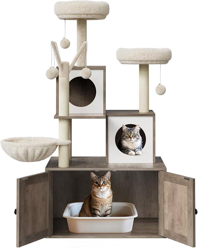 Litter Box Enclosure with Cat Tree Tower and Condo Brush Post and Passage Hidden Cat Washroom Furniture with Sisal Scratching Post & Soft Plush Perch Wooden Cat Furniture with Multiple Platforms