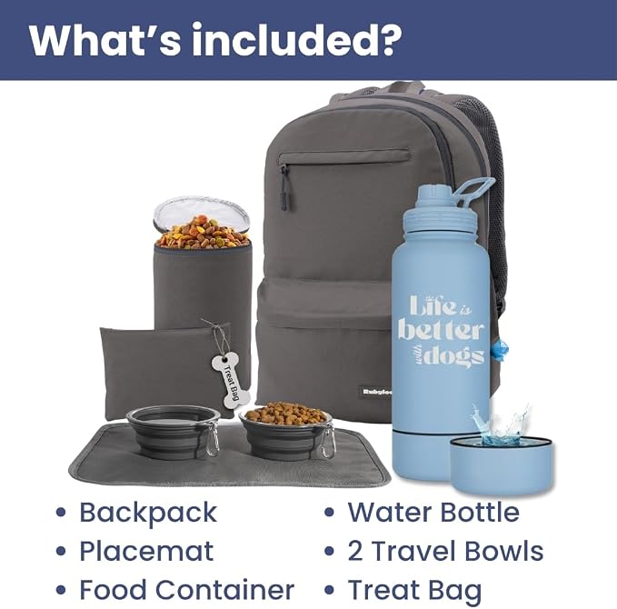 Rubyloo The Original Doggy Bag Backpack (Dark Grey) & 32oz Insulated Water Bottle with Attached 8oz Bowl (Life is Better with Dogs) – Dog Travel Backpack & Hydration Set