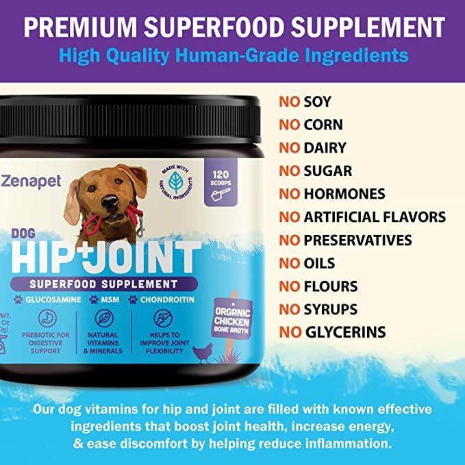 Dog Hip & Joint Support Premium Powder Topper, Glucosamine, Chondroitin, MSM,120 Servings (4-Month Supply), Supports Joint Comfort & Mobility, Human-Grade, Made in USA