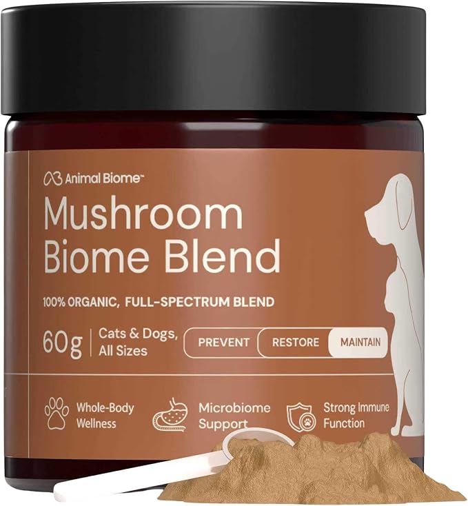 Animal Biome 8-in-1 Mushroom Supplement for Dogs & Cats, 60g (105 Scoops) – Turkey Tail Mushroom, Lion’s Mane Blend – Organic Mushroom Powder for Cat & Dog Immune & Wellness Support, Daily Food Topper