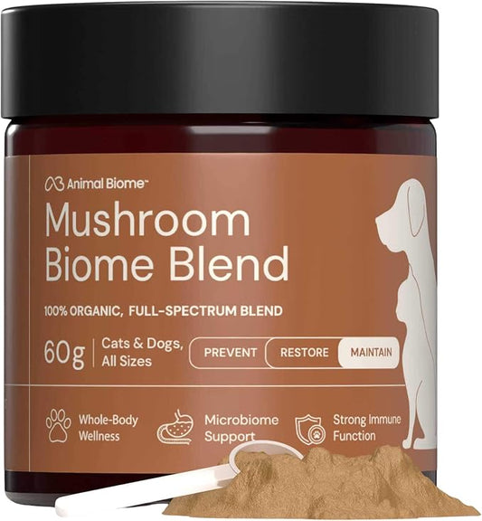 Animal Biome 8-in-1 Mushroom Supplement for Dogs & Cats, 60g (105 Scoops) – Turkey Tail Mushroom, Lion’s Mane Blend – Organic Mushroom Powder for Cat & Dog Immune & Wellness Support, Daily Food Topper