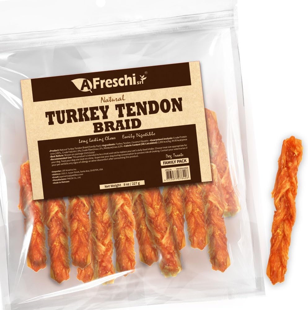 Afreschi Turkey Tendon Dog Treats, 8 oz Braid (for Medium Breeds), USA-Sourced Turkey Tendon, All Natural Puppy Chew, Hypoallergenic, Rawhide Alternative