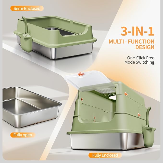 Stainless Steel Cat Litter Box with Lid, Enclosed Extra Large Metal Litter Pan for Big Cats, Full Flip Cover High Sided LitterBox Include Scoop, Easy Cleaning, Non-Stick, Green