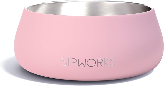 Sipworks Stainless Steel Dog Bowl – 32oz Weighted Metal Food and Water Bowls for Dogs and Cats with Non-Slip Base - Pet Bowls for All Breeds Sizes for Travel & Outdoor Play | Flamingo