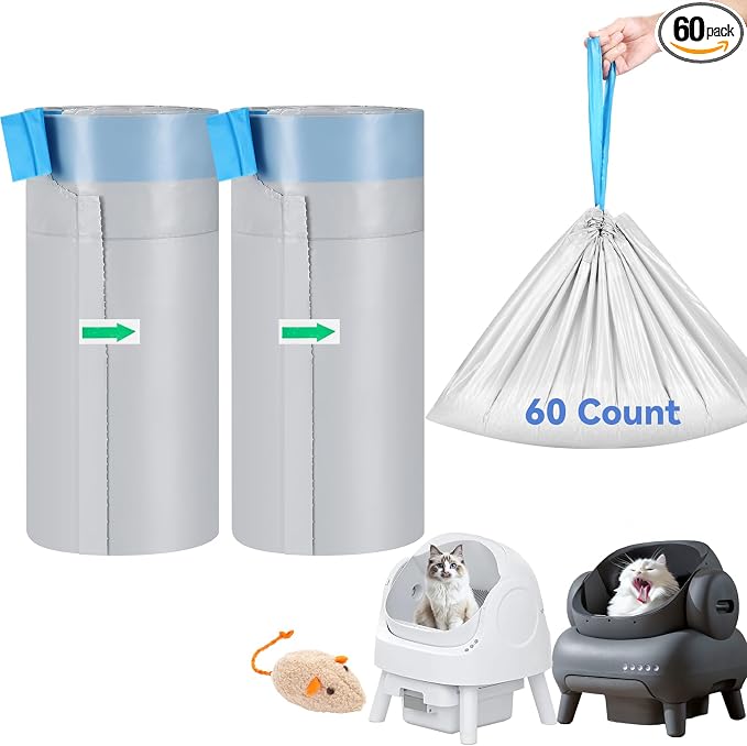 60 Count Automatic Cat Litter Box Liners Bags Compatible with NeakasaM1 Petpivot Autoscooper 11/12 and Similar Open-Top Self-Cleaning Cat Litter Box, Drawstring Handle Heavy Duty Leak-proof, 27*13in