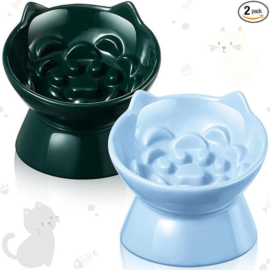 Funnymoom 2 Pcs Ceramic Raised Slow Feeder Cat Bowl, 5.91inch Elevated Cat Slow Feeder Bowl Tilted Anti Vomiting for Dry Wet Food and Water Easy to Clean High Edge(Dark Green, Blue)