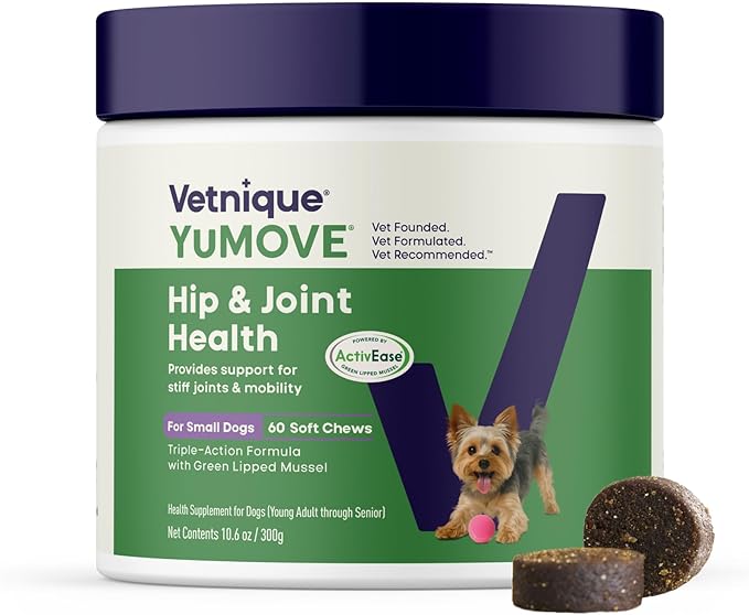 YuMOVE Small Dog Hip & Joint Supplement Soft Chews, ActivEase Green Lipped Mussel, Glucosamine for Dogs, Hyaluronic Acid & Omega 3 - Hickory Seafood Flavor - 60 Chews (Small/Medium Dogs)