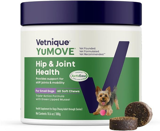 YuMOVE Small Dog Hip & Joint Supplement Soft Chews, ActivEase Green Lipped Mussel, Glucosamine for Dogs, Hyaluronic Acid & Omega 3 - Hickory Seafood Flavor - 60 Chews (Small/Medium Dogs)