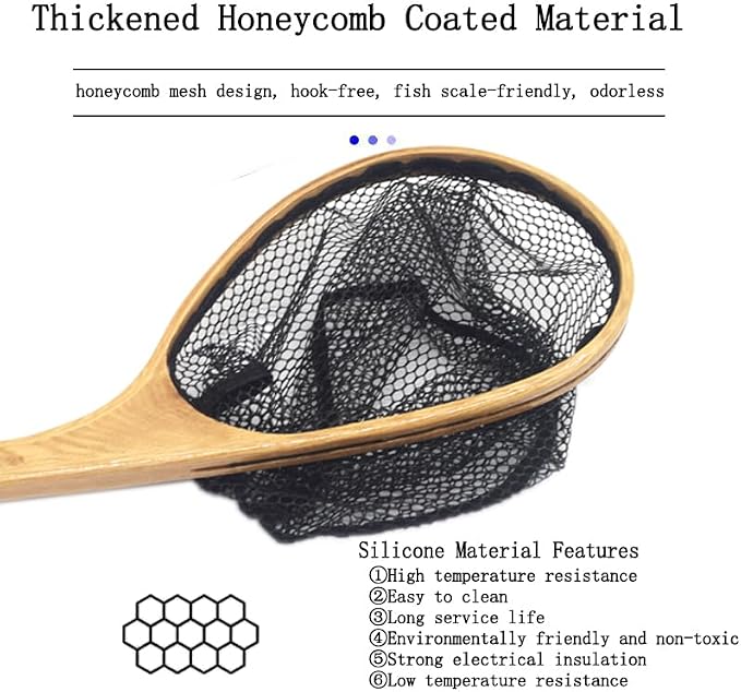 Small Wooden Frame Fly Fishing Landing Net With Soft Rubber Mesh for Trout Bass Catch and Release - Fishing Gear