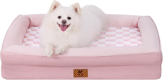 KSIIA Big Dog Bed for Extra Large Dogs, Orthopedic Egg-Crate Memory Foam Pet Bed with Sides, Waterproof Lining and Non Slip Pet Couch with Removable Washable Cover, 48 x 35 Inch, Pink