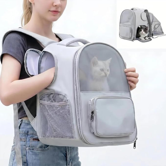 Interactive Expandable Pet Carrier Backpack for Cats & Small Dogs-Interactive Opening Pet Tent Backpack. Expandable for Extra Space.Breathable,Foldable Nest Bed for Travel, Walks,Vet & Home-Gray