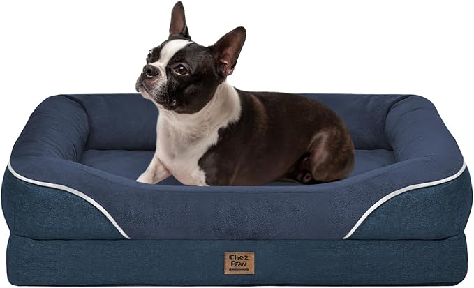 Chez Paw Orthopedic Dog Bed for Medium & Large Dogs, Waterproof Egg-Crate Foam Dog Bed with Removable Washable Cover, 4-Sided Bolster Support & Non-Slip Bottom, Navy 36"x27"x7"