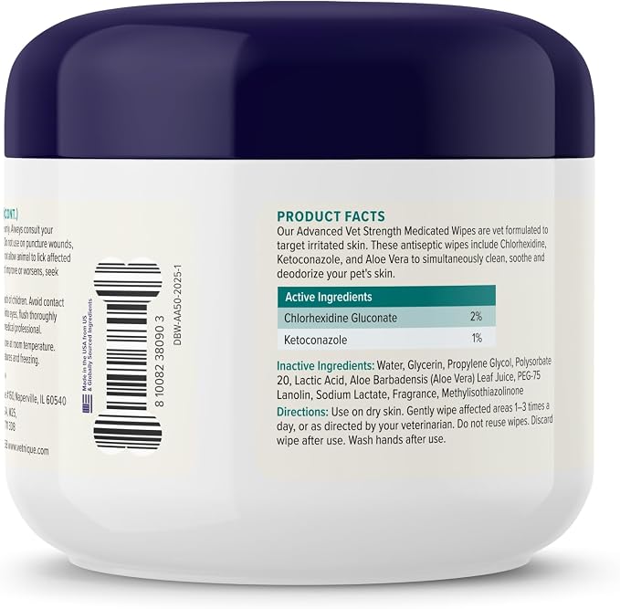 Vetnique Dermabliss Chlorhexidine for Dogs & Cats Wipes - Ketoconazole Medicated Antibacterial & Antifungal Skin Wipes for Hot Spots, Yeast Infection, Yeasty Paws, Itch & Smelly Folds, 50 Count Small