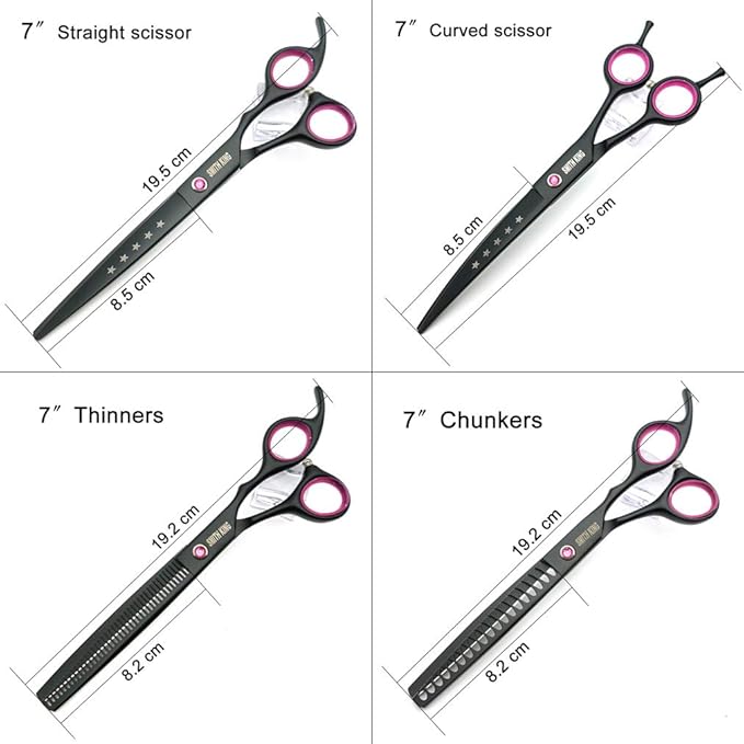 7.0 inches Professional Dog Grooming Scissors Set Straight & thinning & Curved & Chunkers 4pcs/3pcs in 1 Set (with Comb) Right-handed or Left-handed for Dog & Cats (Righ-Handed 4 pcs set with comb)