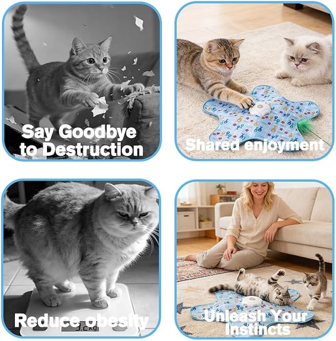 Interactive Cat Toy, Automatic Activated Hide and Seek Toys for Indoor Cats, with Moving Feathers, Switchable Mouse Sounds, Rechargeable