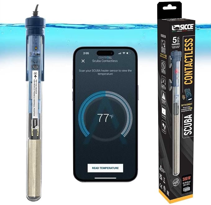 Sicce Scuba 300 Watt Aquarium Fish Tank Heater Smartphone Controlled via NFC Contactless App Adjustable | 300W Submersible for Marine Saltwater and Freshwater | Run Dry Protection