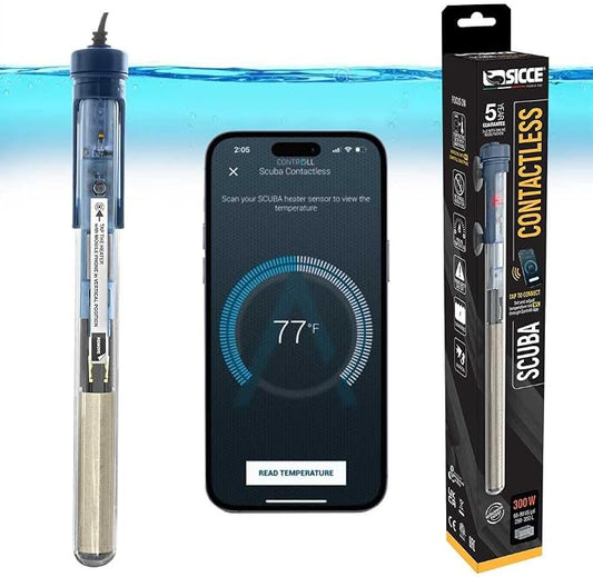 Sicce Scuba 300 Watt Aquarium Fish Tank Heater Smartphone Controlled via NFC Contactless App Adjustable | 300W Submersible for Marine Saltwater and Freshwater | Run Dry Protection