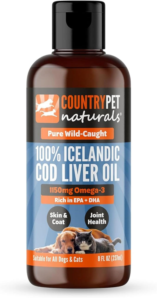 Wild-Caught Pure Icelandic Cod Liver Oil for Dogs & Cats 8oz, Single-Ingredient, 1150 mg Omega-3, High EPA/DHA, Natural Vits A&D, Supports Healthy Skin, Coat & Mobility, 8oz bottle